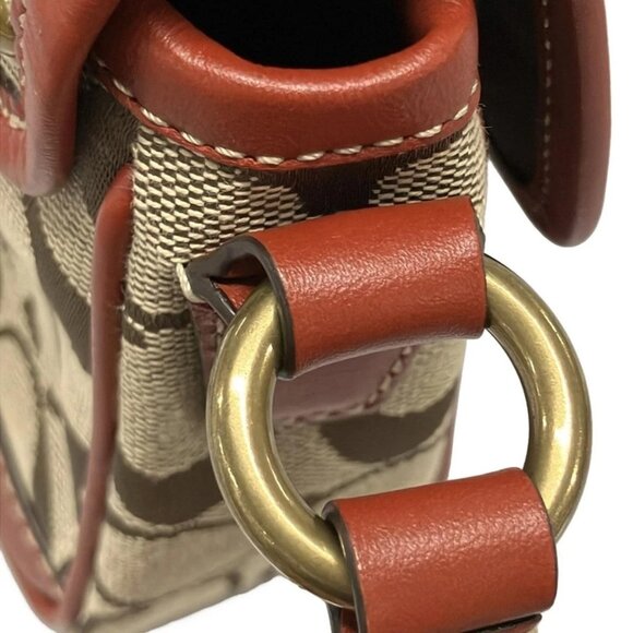 Auth COACH Signature Cricket Shoulder Bag 10566S Khaki Red Jacquard Leather - Picture 9 of 16